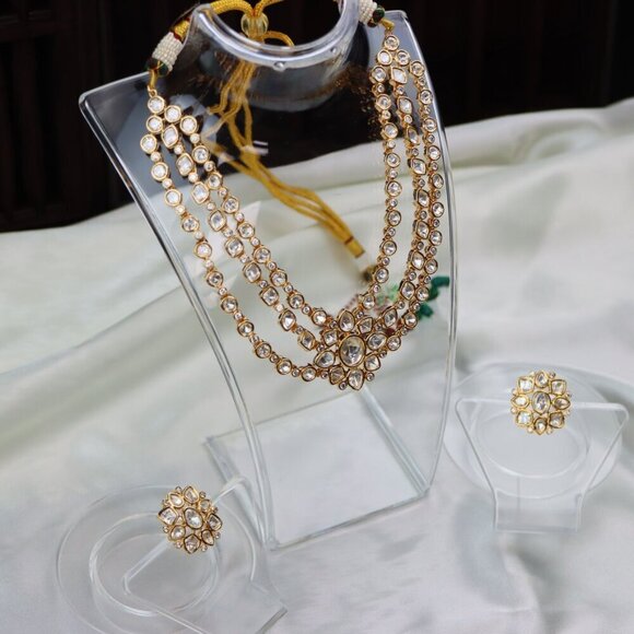 Regal Triple-Layer Kundan Necklace & Earrings Set, JP34 - Picture 8 of 10